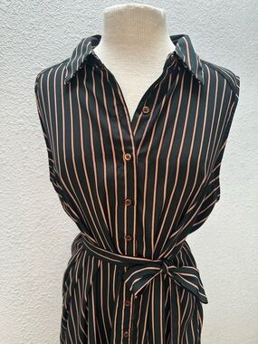 Sleeveless Green Shirt Dress with Tan Vertical Pinstripes and Self-Tie Waist